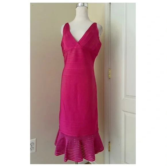 Herve Leger Pink Ruffled Bodycon Midi Dress - Picture 5 of 11